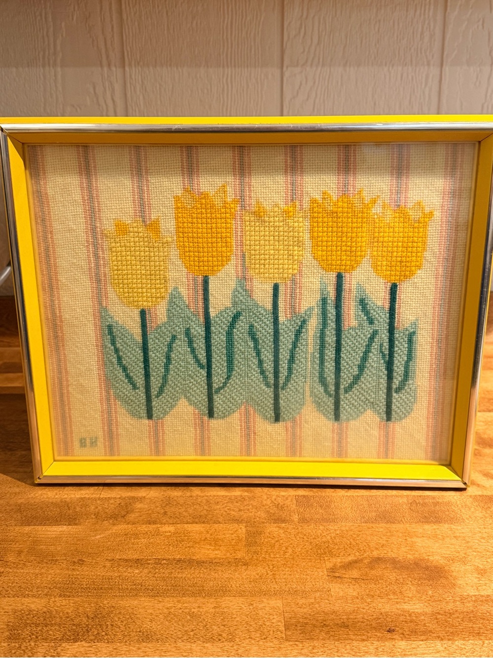 Vintage handmade bargello 1970s tulips framed in yellow frame rare pattern retro